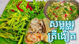 របៀបធ្វើ សម្លម្ជូរត្រីងៀតស្លឹកអំពិល ឲ្យឆ្ងាញ់ - Cambodian Dried salted Fish Sour Soup