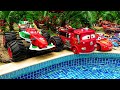 Disney Pixar Cars falling into deep pool, Lightning McQueen, Tow Mater, Mack, Sally, Francesco