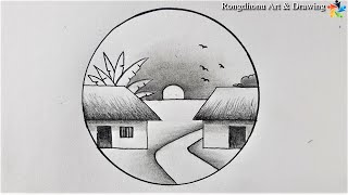 ⭕How to draw a Village 💚Nature Scenery in Circle⭕ Pencil Drawing