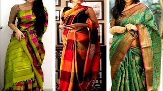 Beautiful Check sarees collections, Latest checked sarees with contrast blouse design ideas 2021