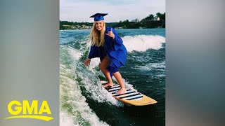 Recent grad takes graduation photo while wake-boarding on Alabama lake l GMA Digital