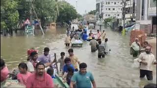 Inundated roads and homes at Bhavanipuram in Vijayawada as flood waters continue to affect the area