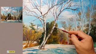 Demo of Oil Painting: White Birch on Snow. 油画《白桦立雪》绘画步骤