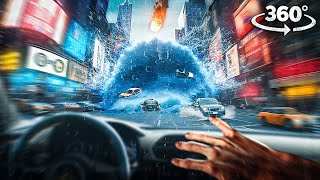 360° Asteroid and Tsunami Wave Hits the City - Escape in Car VR 360 Video 4k ultra hd