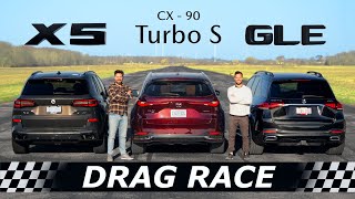 2024 Mazda CX-90 vs BMW X5 vs Mercedes GLE // DRAG & ROLL RACE (+ Surprise Contender)