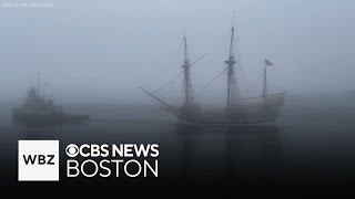 shows Mayflower II making an eerie trip through Cape Cod Canal fog