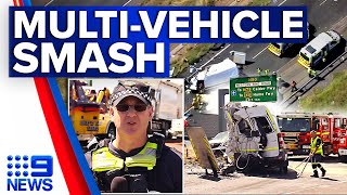 Three hospitalised after six-vehicle crash on Western Freeway in Melbourne | 9 News Australia