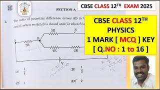 CBSE  CLASS 12TH PHYSICS 1MARK SOLUTION MCQ CBSE 12TH EXAM 2025 SOLUTION