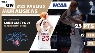 PAULIUS MURAUSKAS 25 PTS \u0026 12 REB Saint Mary's Gaels vs Washington State Cougars