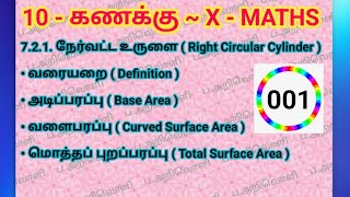 7.2.1.நேர்வட்ட உருளை(RightCircular Cylinder)/அடிப்பரப்பு-வளைபரப்பு-மொத்தப்பரப்பு(Base Area-CSA-TSA)