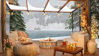 Winter Cozy Terrace Ambience with Porch Fireplace and Falling Snow Sounds for Relaxation and Sleep