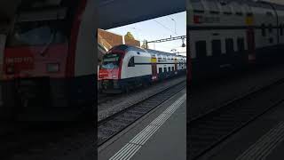 Disembarking out SBB Re 450 / 2 ZVV Trains departing / DB Freight Train passing.