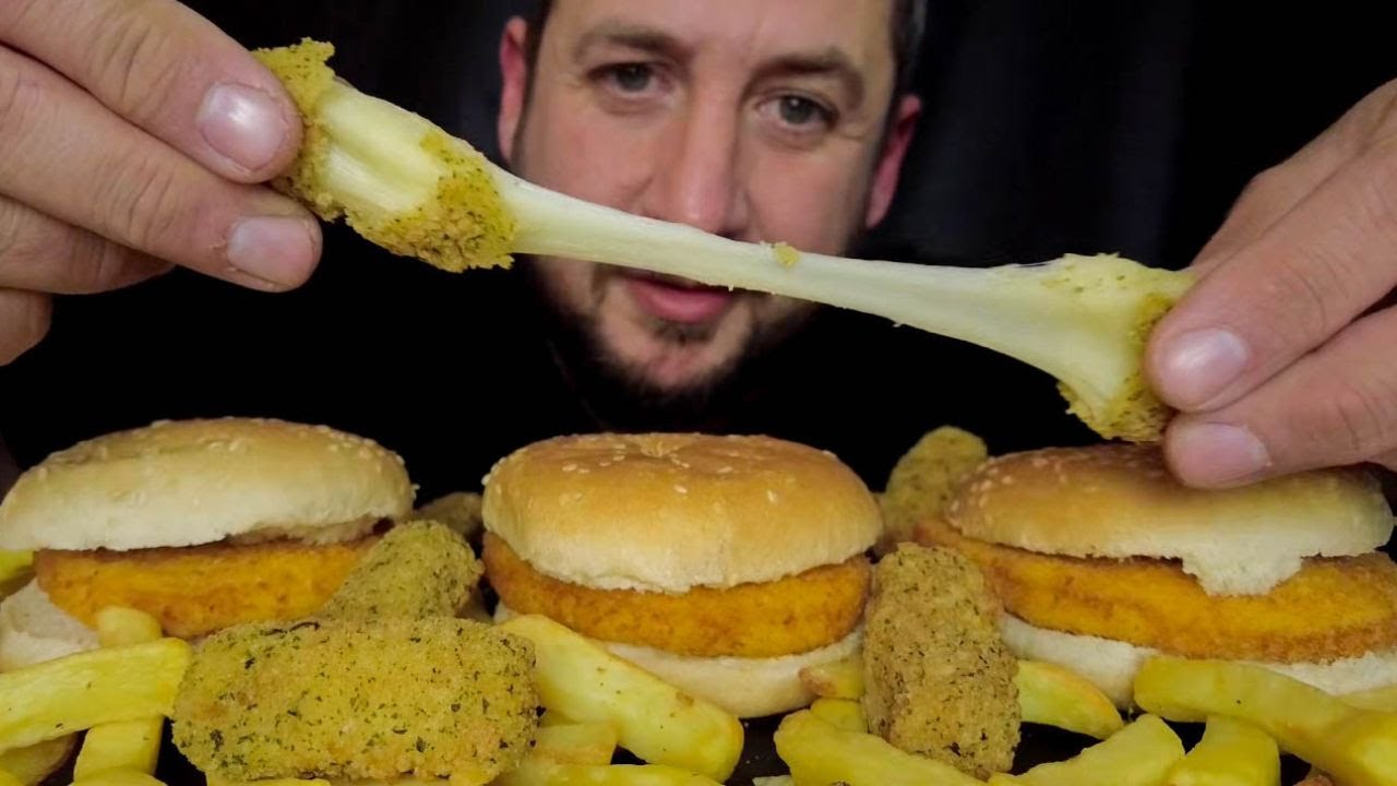 ASMR MUKBANG CHICKEN BURGERS With FRIES And CHEESE STICKS Mozzarella ...