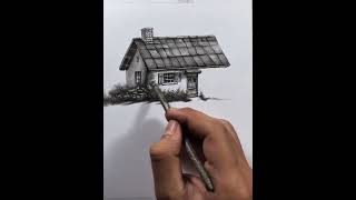 Cabin In the Middle of Mountains with Beautiful Garden || Relaxing Art ASMR || Charcoal Drawing #27