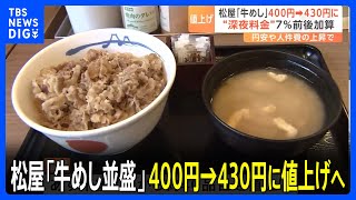 松屋「牛めし」並盛400円→430円に値上げへ　深夜料金も本格導入　午後10時～午前5時まで7％前後上乗せ｜TBS NEWS DIG