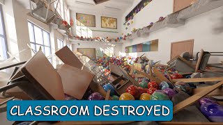 Classroom collapses, blender animation, bowling balls, rigid body, simulation, rbdlab addon