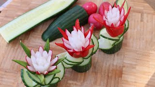 Art In Vegetable Carving Garnish | Chili & Radish Flower | Cucumber Garnish