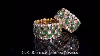 18k Gold and Diamond Polki Open Setting Bracelet Pair with Natural Emeralds