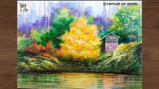 Wooden Cabin In The Forest With Color Pencil Sketching and Shading || Scenery Art