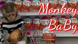 Monkey Baby BoBo goes to the toilet and doing shopping in Kinder Joy eggs store | Happy Home