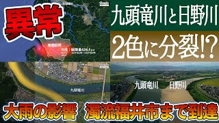 【異常】2色に分かれた1本の川 / 福井市の九頭竜川と日野川の合流地点 / 8月上旬に南越前町を襲った大雨が原因か