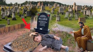 Seorang anak menangis di makam ayahnya, \