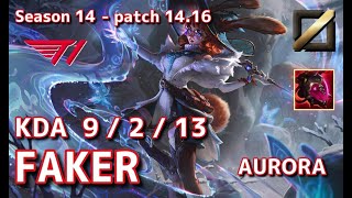 【KRサーバー/C1】T1 Faker オーロラ(Aurora) VS トリンダメア(Tryndamere) MID - Patch14.16 KR Ranked【LoL】