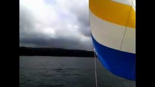 Wharram Tangaroa. 35' Catamaran spinnaker run Pittwater.