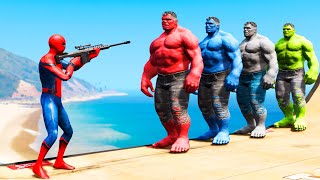 GTA 5 Water Ragdolls Spiderman vs Red Hulk vs Blue Hulk vs Green Hulk Jumps Fails (Funny Moments)