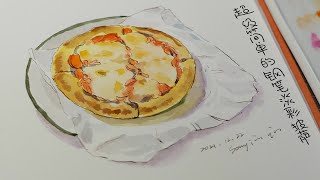 【钢笔淡彩】右手就行的钢笔淡彩教学，超级好上手的水彩pizza，先扔到收藏夹吃灰再说