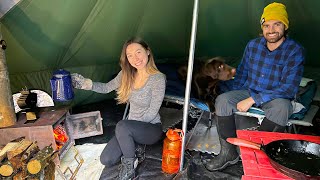 Surviving a Winter Storm in Our New Hot Tent: Camping in Heavy Winds, Rain & Snow
