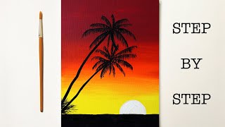 Easy Palm Sunset for Beginners | Acrylic Painting Tutorial Step by Step ( ENG SUB )