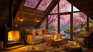 Morning Spring in Cozy Cabin Ambience 🌸 Relaxing Jazz, Flowing Stream and Fireplace Sounds to Unwind