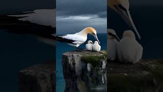 Amazing Beautiful Gannet bird and its baby Chicks on Sea Cliff in Rain. #trending #rain #birds