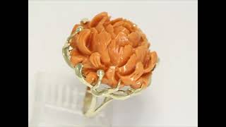 Vintage Natural Red Coral Hand Carved Flower Ring 14K YG Size 6.5 - 32580