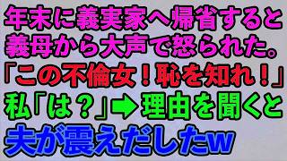 【スカッとする話】年末に義実家へ帰省すると義母から大声で怒られた。「この不倫女！恥を知れ！」私「は？」→理由を聞くと夫が震えだしたw