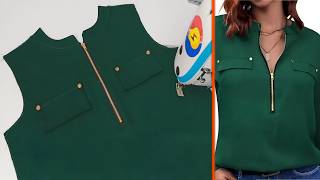 Basic sewing tips for cutting and stitching collar neck design with zipper and pocket for blouse