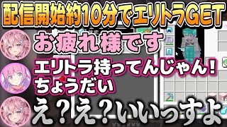 新ホロ鯖初上陸!配信開始10分でエリトラをGETし、あまねちゃからも一式貰うルーナ姫【姫森ルーナ/綺々羅々ヴィヴィ/博衣こより/天音かなた/ホロライブ切り抜き】