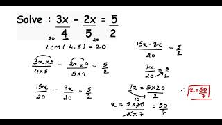 Solve 3x/4-2x/5=5/2. Linear equation in one variable class 7