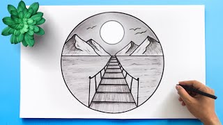 Mountain and River Landscape Drawing - Easy Pencil Drawing Landscape Drawing in a circle