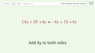 Linear equation with one unknown: Solve 7/5(10y+25)=-3y+15-y step-by-step solution