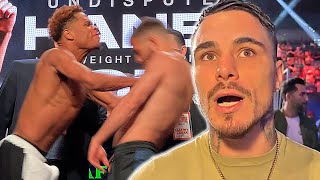 GEORGE KAMBOSOS JR REACTS TO HANEY PUSHING LOMACHENKO DURING WEIGH IN! GIVES HANEY EDGE IN FIGHT!