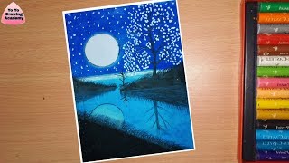 Beautiful Moonlight Landscape Drawing for Beginners with Oil Pastels step by step