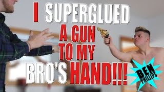 I superglued a gun to my bros hand PRANK!