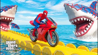 الأبطال الخارقين على القضبان دوامة قمع جسر SPIDER MAN! 🏍️on Motorcycle in Spiral Bridge Stunt Ride