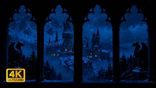 24/7 Hogwarts Winter Window View 4K ❄️🏰 Snowfall, Wind Sounds & Harry Potter Ambience for Sleep