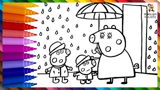 Drawing And Coloring Peppa Pig, George Pig And Mommy Pig In The Rain 🐷☔🌧️🌈 Drawings For Kids