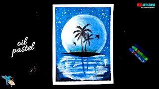 Easy oil pastel drawing - Moonlight scenery drawing