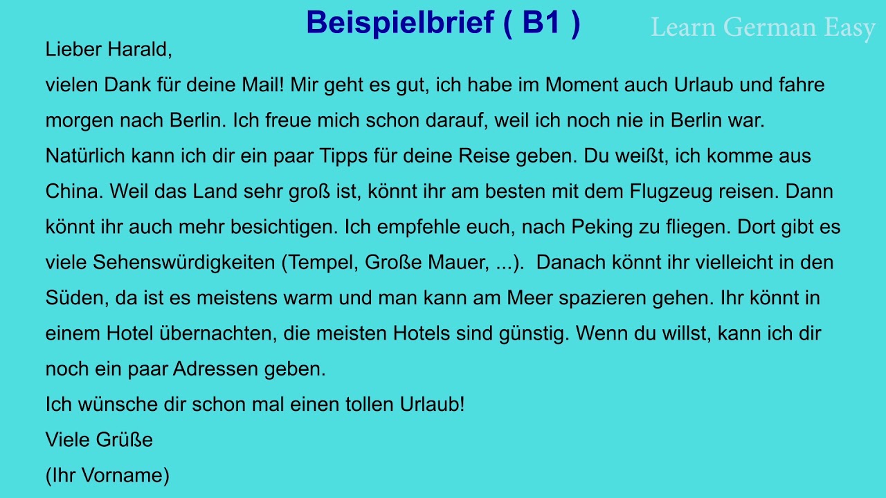 Brief Schreiben B1 Beispielbrief B1 Goethe Zertifikal B1 Learn