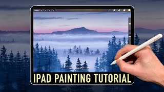 IPAD PAINTING TUTORIAL - Mountain Forest Clouds landscape in Procreate